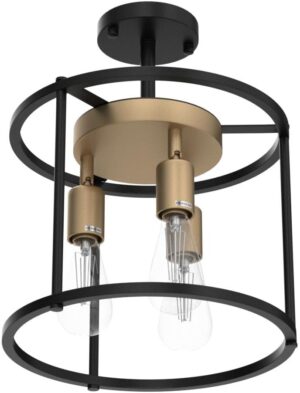 Industrial Semi Flush Mount Ceiling Light Fixture, 3-Light Farmhouse Vintage Black Ceiling Lamp with Adjustable Socket, Rustic Chandelier Metal Cage Shade for Kitchen Hallway Entryway Passway Bedroom