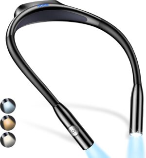 LED Neck Reading Light,Book Light for Reading in Bed-Eye Caring 3 Colors, Dimmable Brightness, Bendable Arms, Neck Round Design, Comfortable & Lightweight