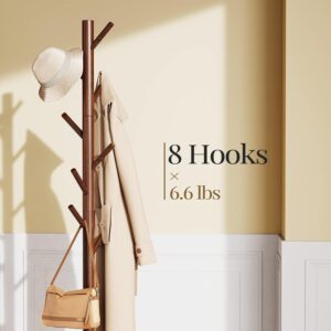 Coat Rack Sturdy Wooden Coat Rack Stand, Adjustable Coat Tree, Free Standing Tree Hanger with 4 Sections & 8 Hooks, for Home/Bedroom/Office/Hallway/Entryway